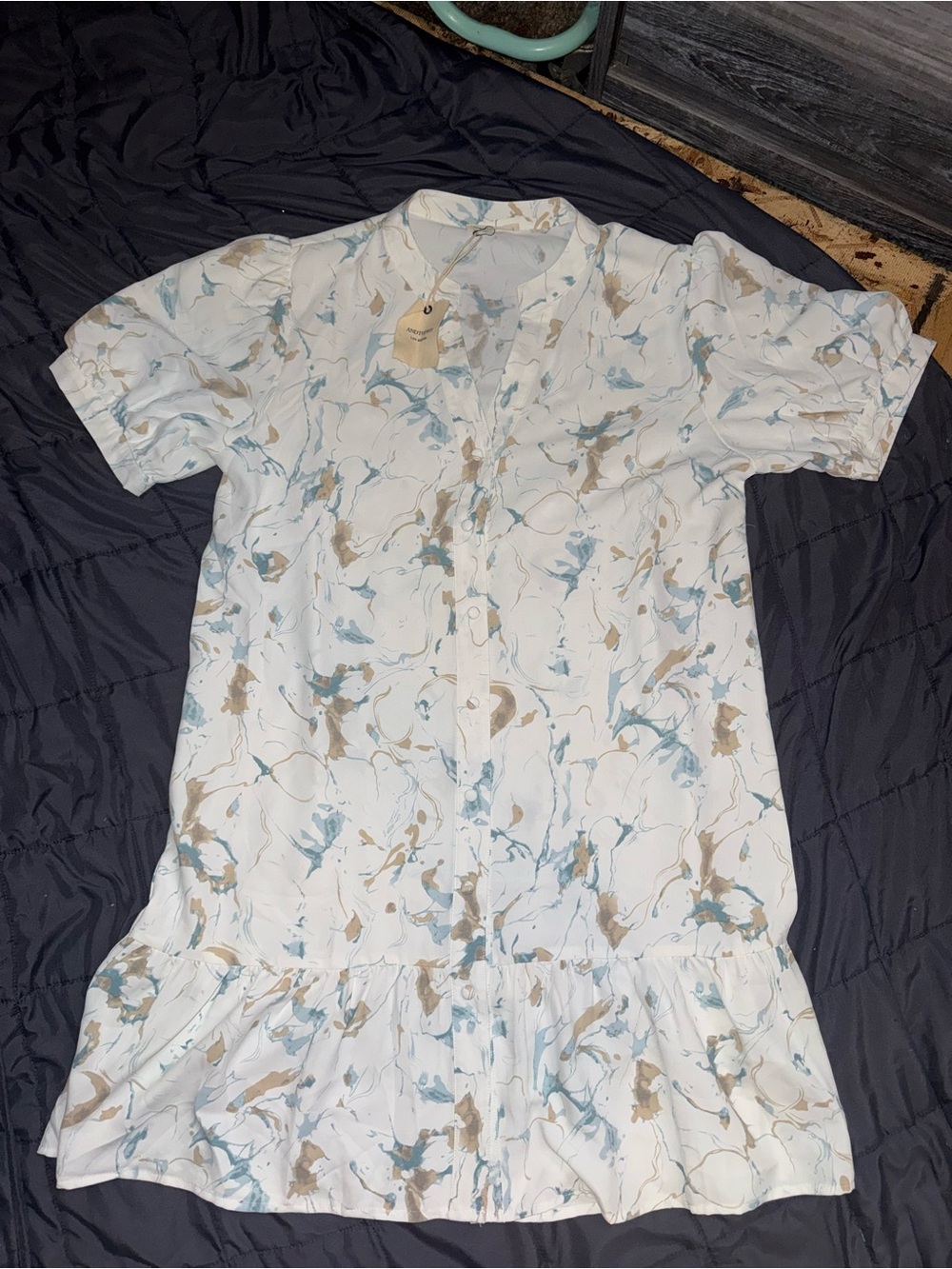 Light Marble-Print Midi Shirt Dress in White, Blue & Tan